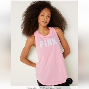 PINK VS Knit Racerback Perfect Tank Top Pink Daisy with Classic Logo NWT